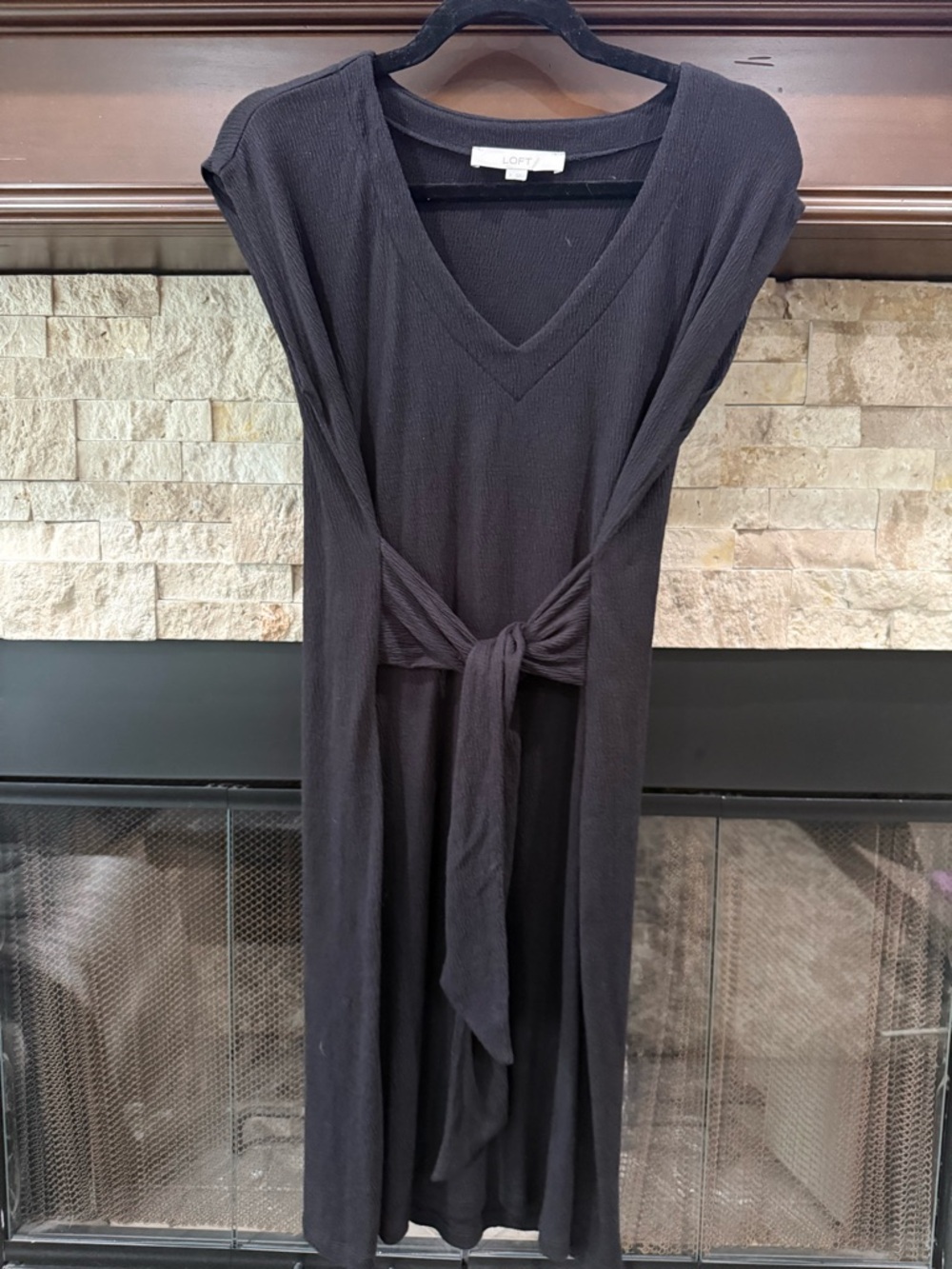 LOFT Black V-Neck Tie-Front Midi Dress